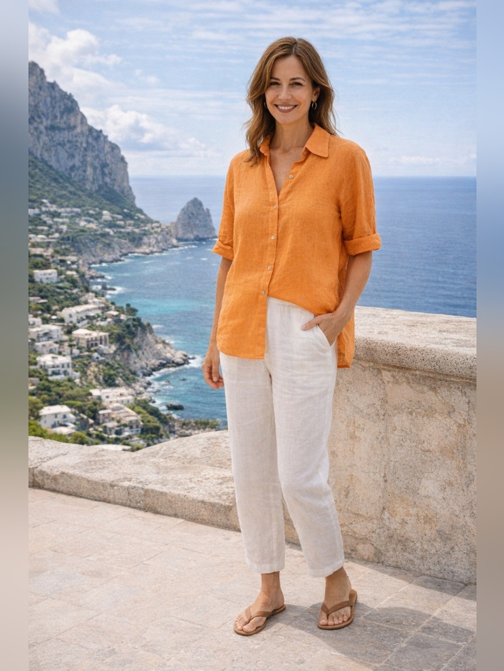 Nais Italian Orange Linen Lagenlook Tunic Shirt Roll Tab Sleeves Size L